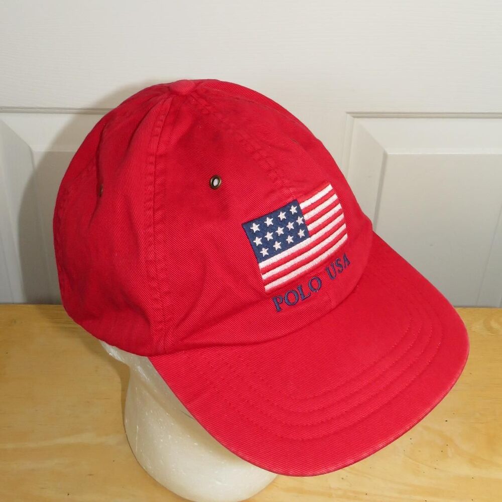 Vintage Polo Ralph Lauren USA Flag Strapback Hat Red Polo America 90s
